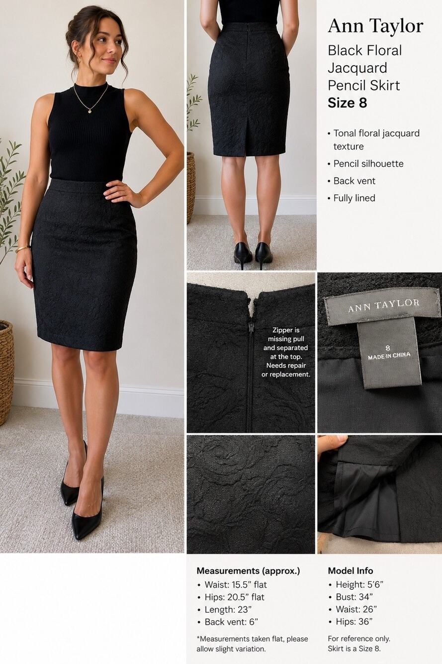 Ann Taylor Black Floral Jacquard Pencil Skirt Size 8 Career Office Classic